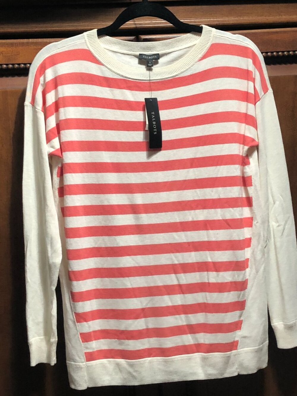 Talbots NWT Coral White Striped Knit Crewneck Sweater Small Drop Shoulder